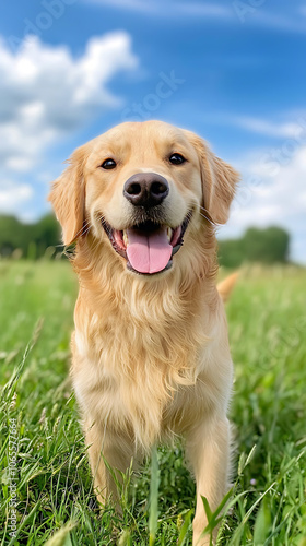 Golden retriever joyfully plays fetch in a sunny field