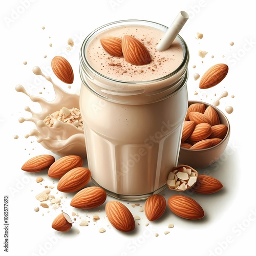 The image features an almond smoothie with whole and crushed almonds on a white background with a transparent PNG background.