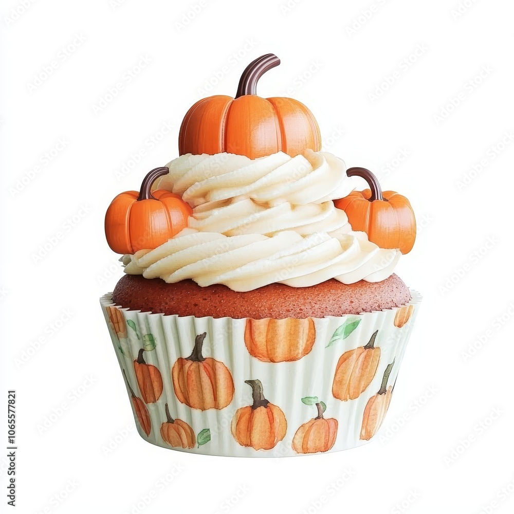An adorable cupcake topped with orange pumpkin decorations and swirls of creamy frosting, showcased in a decorative pumpkin-themed wrapper. An adorable cupcake topped with orange pumpkin decorations and swirls of creamy frosting, showcased in a decorative pumpkin-themed wrapper.