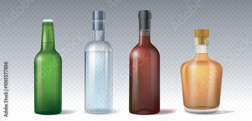 Realistic alcohol bottles set. Green, brown and yellow bottles with beer. Alcoholic drinks and beverages. Bar or pub. Brandy and liqueur. 3D vector collection