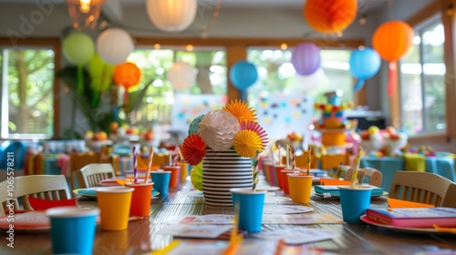 Vibrant party setup with colorful decorations, balloons, and tableware, creating a festive atmosphere for celebration. photo