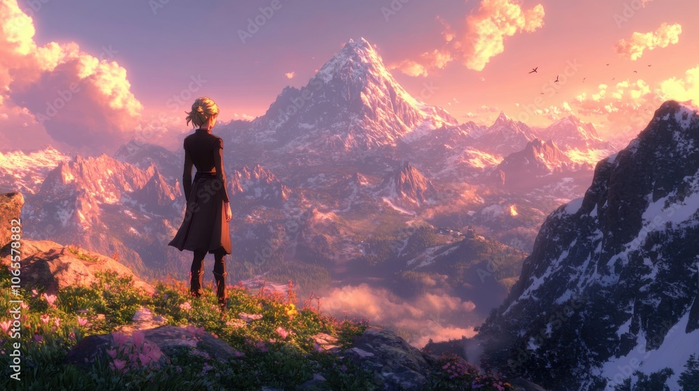 Fototapeta premium She stood in awe of the majestic peaks, realizing her small place