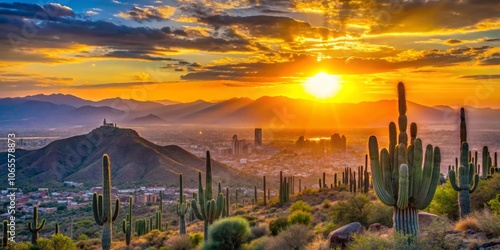 Golden Sunset Over Desert Cityscape with Saguaro Cacti