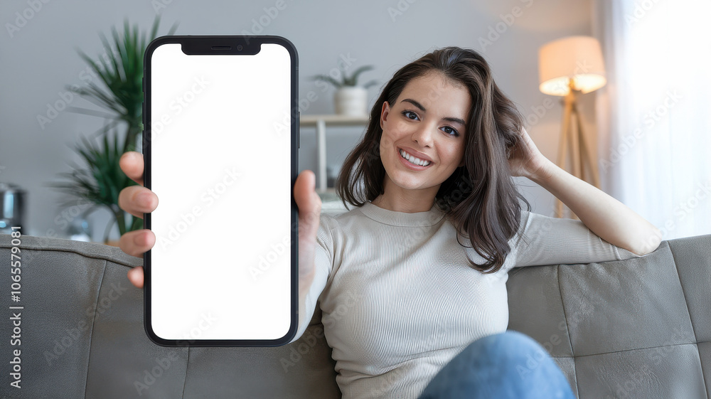 Smiling woman holding a smartphone with a blank screen, ideal for digital advertisement or mockup for mobile apps and services in a relaxed home setting Smiling woman holding a smartphone with a blank screen, ideal for digital advertisement or mockup for mobile apps and services in a relaxed home setting