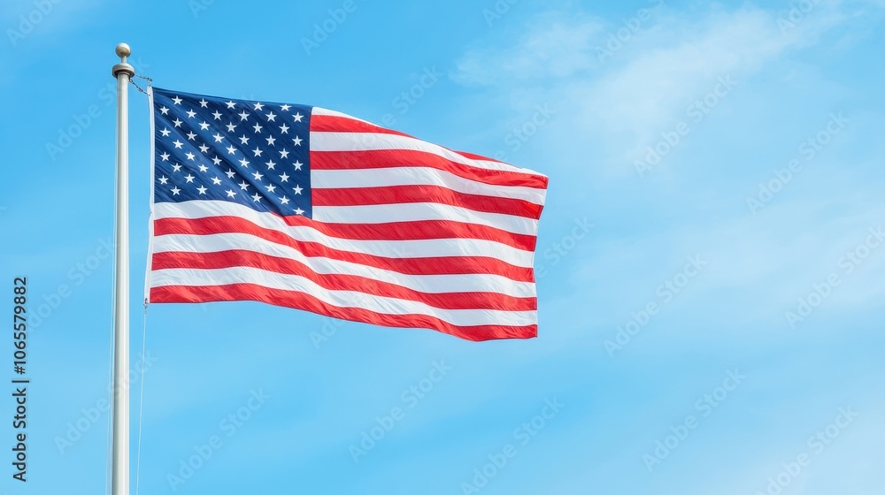 Fototapeta premium The american flag flutters under a clear blue sky, symbolizing freedom and patriotism