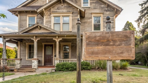 A weathered wooden sign in front of an old house with a porch and a yard with green grass.