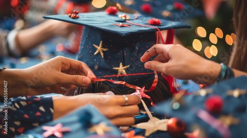 Hands decorating graduation caps with colorful ribbons and stars, celebrating achievements and milestones.