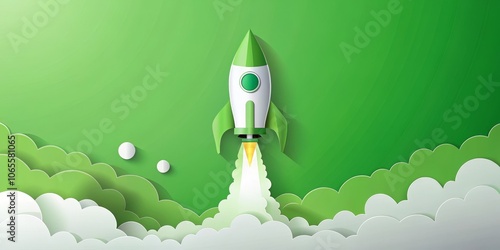 Green Rocket Launch in a Papercut Cloud Landscape