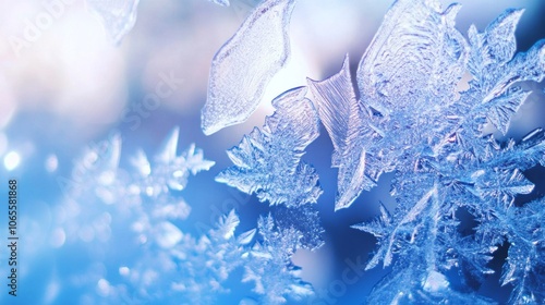 blue and shiny ice on frozen window 