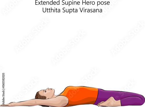 Young woman practicing Utthita Supta Virasana yoga pose. Extended Supine Hero pose. Intermediate Difficulty. Isolated vector illustration.