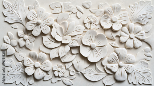 Intricate cream-colored floral wall art featuring embossed flowers and leaves in a symmetrical arrangement, providing a textured and elegant look
