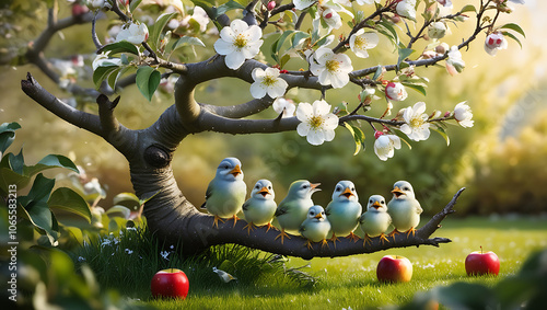 Beautiful little funny birds and cute birds chicks sitting apple tree with white flowers in a sunny spring natural garden background.