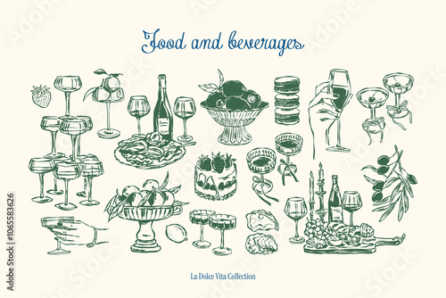 Minimalist hand drawn food and beverages vector illustrations. Art for greeting cards, wedding invitations, poster design, postcards, branding, logo design, background. Matisse style doodles.