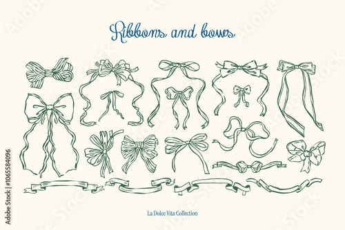 Minimalist hand drawn ribbons and bows vector illustration collection. Art for greeting cards, wedding invitations, poster design, postcards, branding, logo design, background. Matisse style doodles.