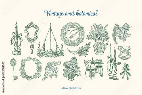 Minimalist vintage botanical vector illustration collection. Art for greeting cards, wedding invitations, poster design, postcards, branding, logo design, background. Matisse style doodles.