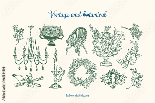 Minimalist vintage botanical vector illustration collection. Art for greeting cards, wedding invitations, poster design, postcards, branding, logo design, background. Matisse style doodles.