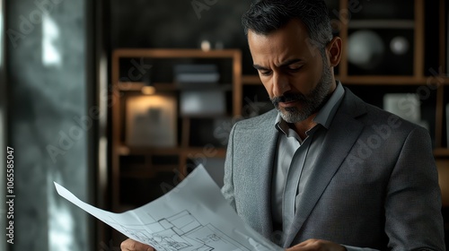 Focused Middle Eastern Architect Reviewing Blueprints: A Photorealistic Portrait in a Modern Design Studio, Captured in 8K with Ambient Lighting. photo