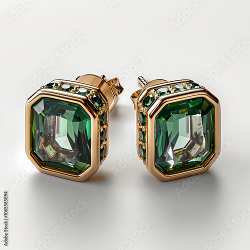 legant Square Emerald Green Gemstone Stud Earrings in Gold photo