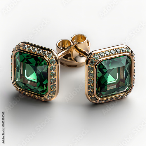 legant Square Emerald Green Gemstone Stud Earrings in Gold photo