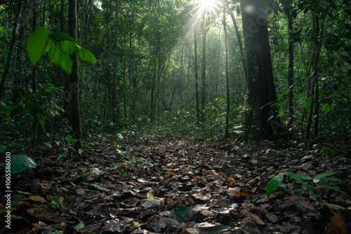 Early morning sunlight filters through dense green foliage in a serene forest, casting vibrant beams and creating a tranquil natural path on the forest floor. photo