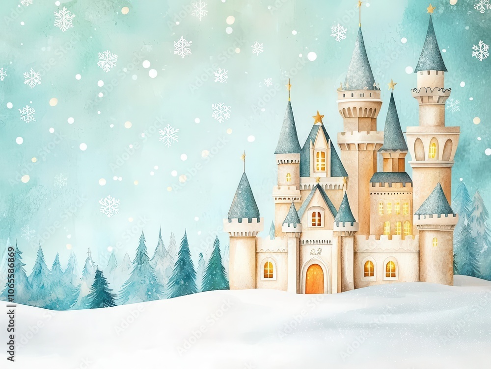 Obraz premium Whimsical Christmas castle in a sparkling winter wonderland, glowing with festive lights