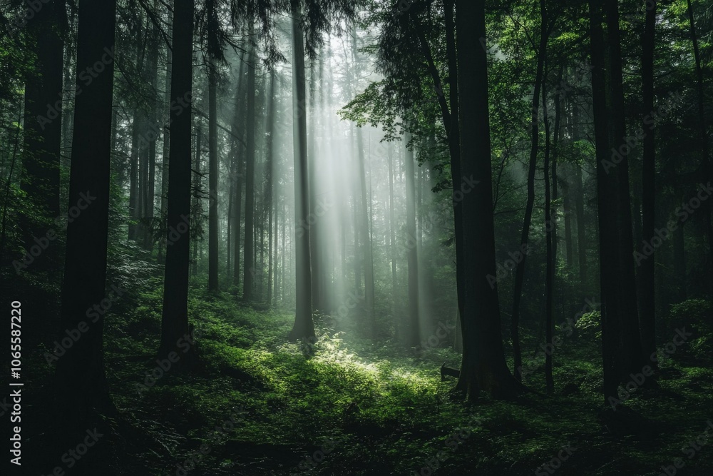 Fototapeta premium In a misty forest, sunbeams break through the tall trees, casting a mystical glow and creating an ethereal atmosphere of solitude and introspection.