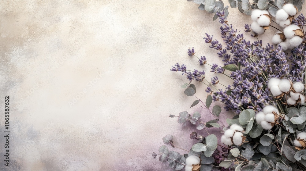 Obraz premium Purple and white flowers with eucalyptus on textured background