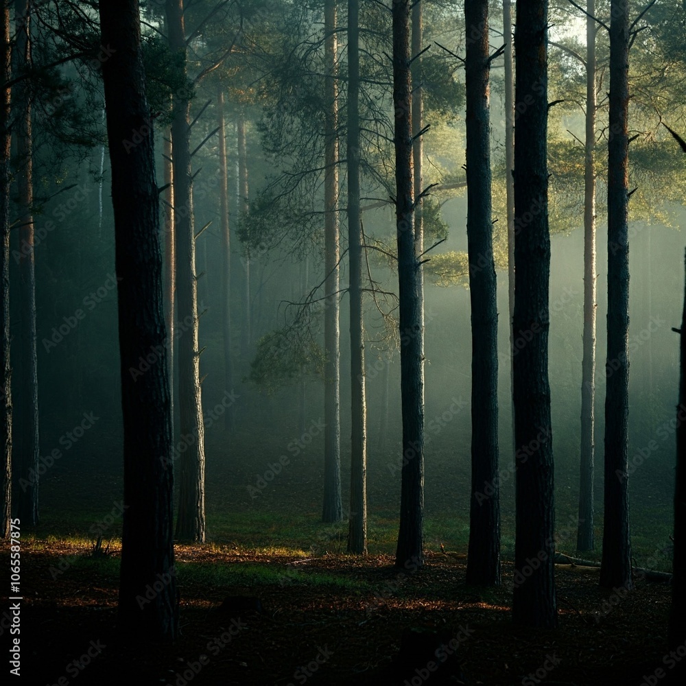 Fototapeta premium Misty Pine Forest at Dawn