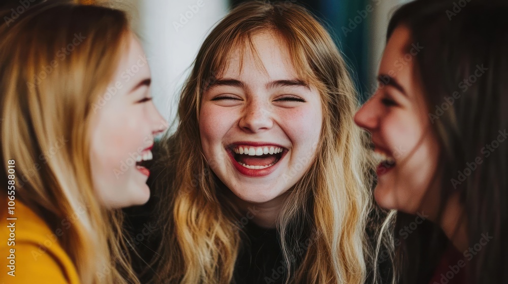 Three young women laughing together, enjoying a joyful moment. Three young women laughing together, enjoying a joyful moment.