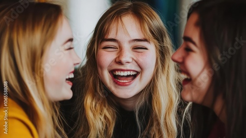 Three young women laughing together, enjoying a joyful moment.