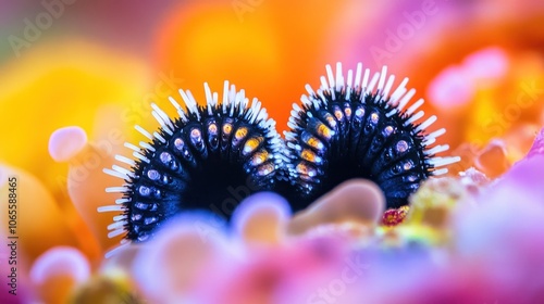 A close-up of two black and white marine worms with white spines, surrounded by colorful coral. photo