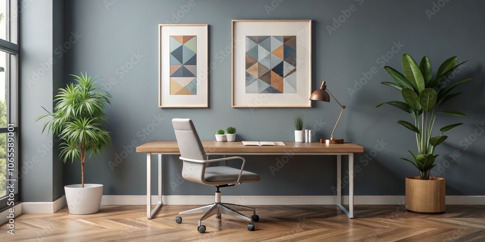 Fototapeta premium Minimalist Home Office with Geometric Artwork and Wooden Floor