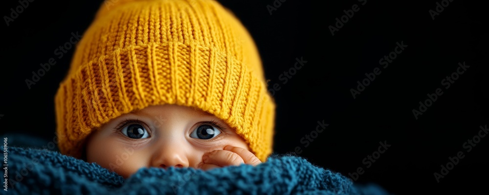A close-up of a cute baby with big eyes peeking out from a cozy blanket, wearing a vibrant yellow knitted hat against a dark background. A close-up of a cute baby with big eyes peeking out from a cozy blanket, wearing a vibrant yellow knitted hat against a dark background.