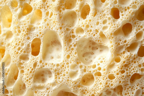 A detailed close-up of a yellow sponge, highlighting its porous texture and bubble formations, this image invites tactile interaction and exploration of patterns. photo