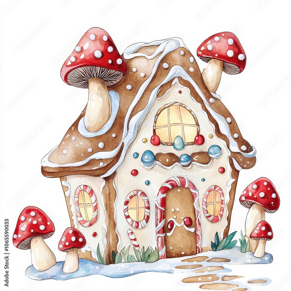 Obraz premium Whimsical gingerbread house with colorful mushrooms on a white isolated background.