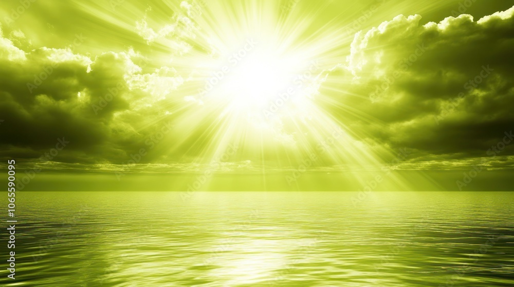 Fototapeta premium A vibrant, green-tinted landscape featuring sunlight breaking through clouds over calm waters.