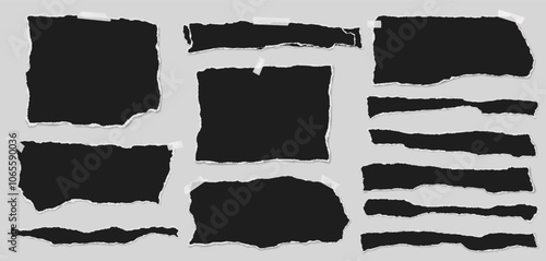 Set of torn black note paper pieces with sticky tape are on transparent background for text, notes or ad.