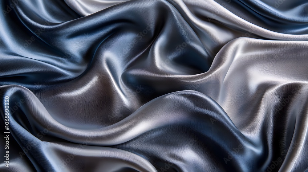 Fototapeta premium Abstract background with blue and silver waves of satin cloth. The texture is elegant, modern, and minimalist, perfect for design or presentation. 