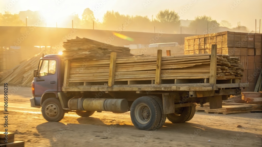 Obraz premium A delivery truck loaded with wood planks drives down a dusty road towards a building site in the soft light of dawn.