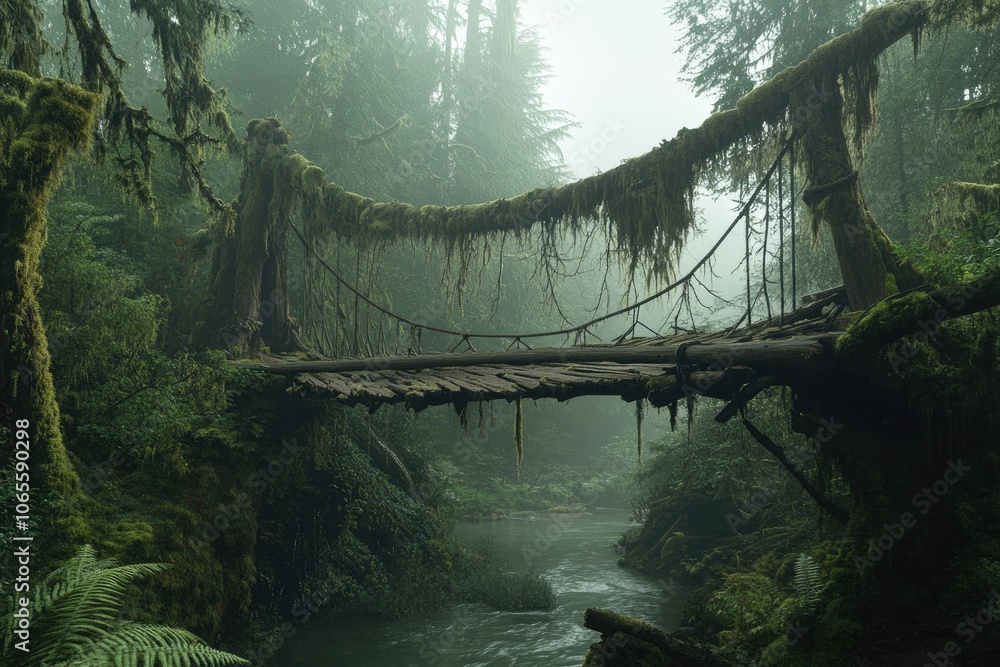 Fototapeta premium A wooden bridge over a river in an old-growth forest, covered with moss and ferns, on a foggy morning. adventure. travel nature