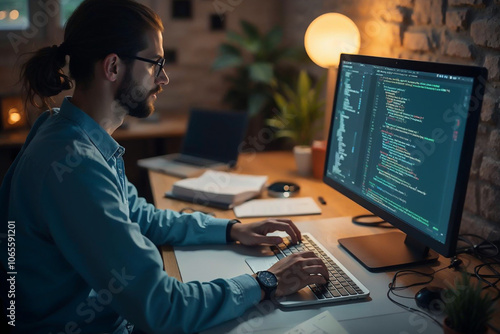 Focused Programmer Coding on Computer in Modern Office photo