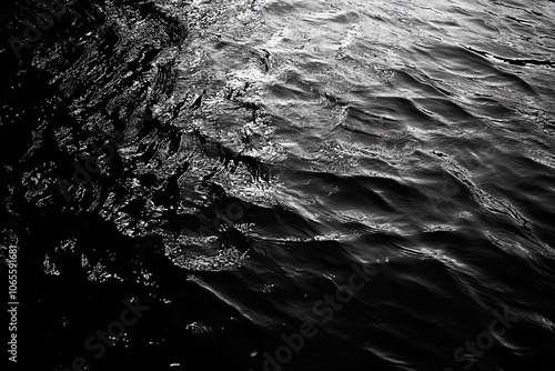 An artistic black and white photograph captures the high-contrast surface of a dramatic ocean, highlighting the tension and movement of water under moody skies.