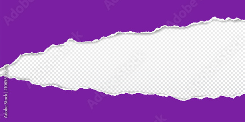 Purple piece of paper with torn edges and soft shadow are on transparent background for text or ad. Vector illustration.