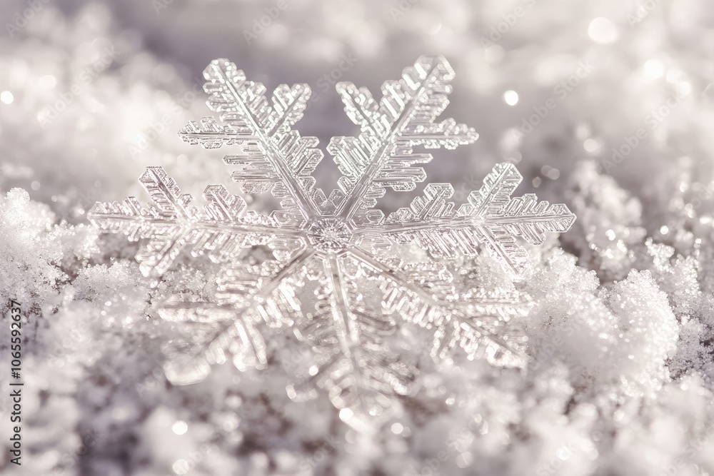 A radiant snowflake glimmers as it catches sunlight on a snowy surface, casting a lively sparkle and emphasizing the cool purity of the winter environment. A radiant snowflake glimmers as it catches sunlight on a snowy surface, casting a lively sparkle and emphasizing the cool purity of the winter environment.