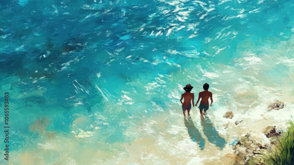 Fototapeta premium They waded into the azure waters, their laughter echoing along