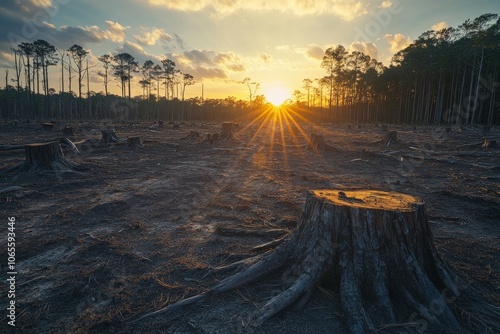 A vast forest area cleared of trees, dominated by stumps and a setting sun, symbolizing the ending of an era and the need for environmental preservation. photo