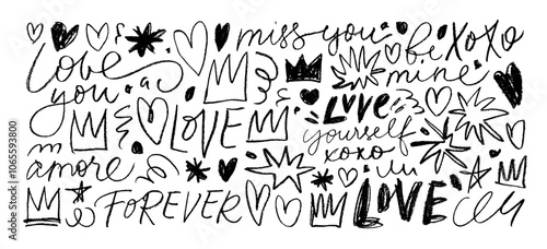 Crayon drawn love phrases, hearts shapes, stars and crowns. Hand drawn kids drawing. Romantic motif vector elements. Funky squiggles, crayon doodle shapes, vector ink illustrations. Romantic lettering