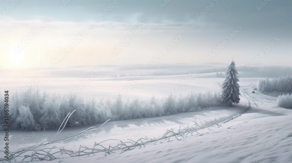 Fototapeta premium Serene Winter Landscape with Snowy Fields and Trees