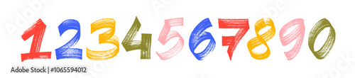 Collection grunge brush drawn numbers from 0 to 9. Dirty painted colorful numbers set.