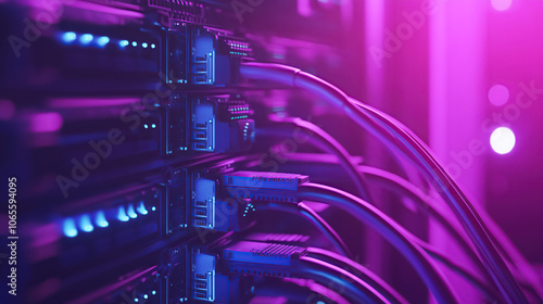 Close-Up of Data Center Server Rack with Neon Lights